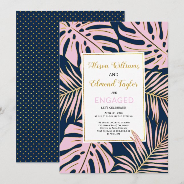 Pink, gold tropical leaves navy engagement party invitation (Front/Back)