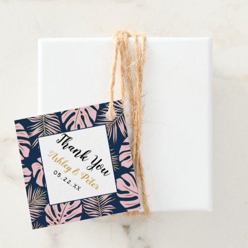 Pink gold tropical leaves navy wedding Thank You Favor Tags