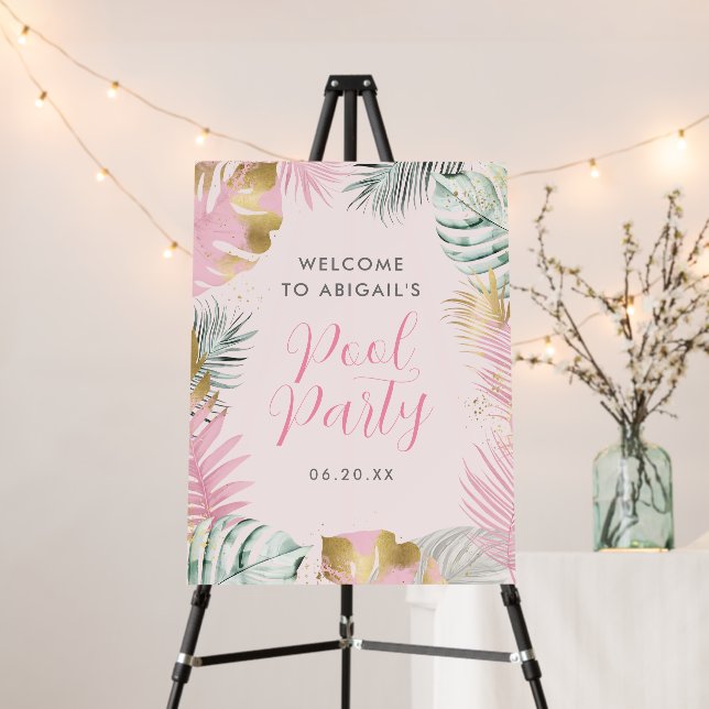 Pink Gold Tropical Leaves Pool Party Welcome Sign (In Situ (Stand))