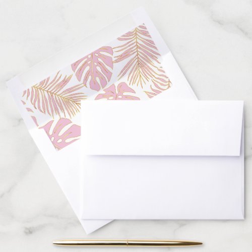 Pink gold tropical monstera palm leaves wedding envelope liner