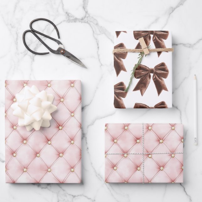 Pink Gold Tufts Brown Bow Bridal Shower Wrapping Paper Sheets (Front)