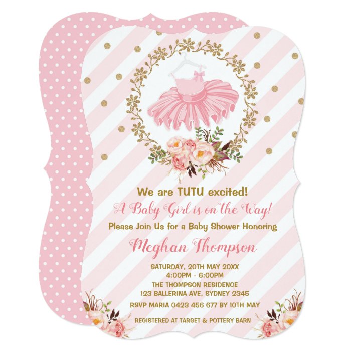 Pink Gold Tutu Baby Shower Invite Ballerina Ballet Zazzle Pink Gold Tutu Baby Shower Invite