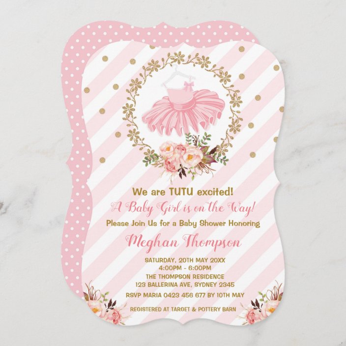 Pink Gold Tutu Baby Shower Invite Ballerina Ballet Zazzle Com