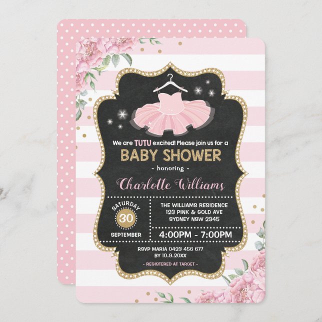 Pink Gold Tutu Ballerina Baby Shower Invitation (Front/Back)