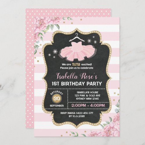 Pink  Gold Tutu Ballerina Birthday Party Invite