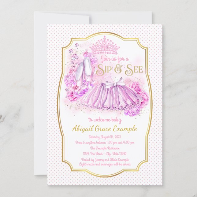 Pink Gold Tutu Princess Sip and See Invitations (Front)