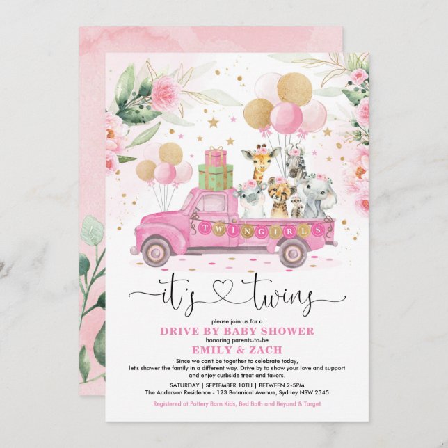 Pink Gold Twin Girls Safari Drive By Baby Shower Invitation (Front/Back)