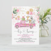 Pink Gold Twin Girls Safari Drive By Baby Shower Invitation (Standing Front)