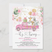 Pink Gold Twin Girls Safari Drive By Baby Shower Invitation (Front)