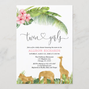 Pink gold twin girls safari jungle baby shower invitation