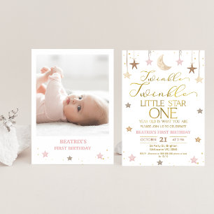 Pink Gold Twinkle Little Star Photo Birthday Invitation