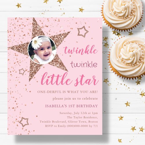 Pink  Gold Twinkle Star 1st Birthday Invitation