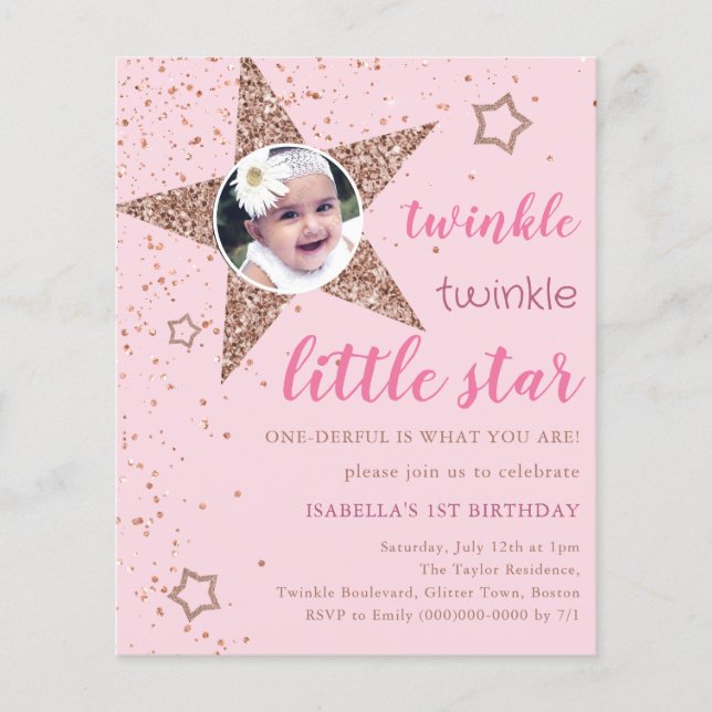 Pink & Gold Twinkle Star 1st Birthday Invitation (Front)