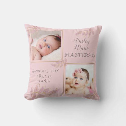 Pink Gold Two Photo Baby Girl Birth Stats Throw Pillow