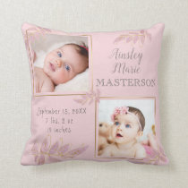 Pink Gold Two Photo Baby Girl Birth Stats Throw Pillow