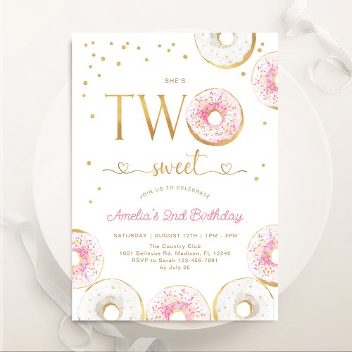 Pink Gold Two Sweet Donuts 2nd Birthday Invitation
