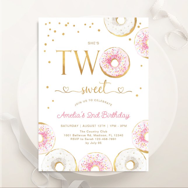 Pink Gold Two Sweet Donuts 2nd Birthday Invitation (Creator Uploaded)