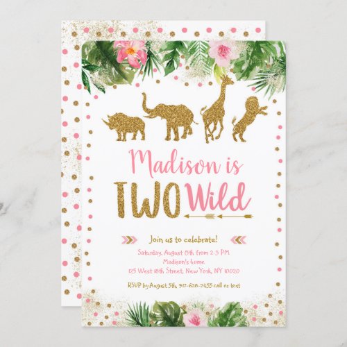 Pink  Gold Two Wild Safari Birthday Invitation