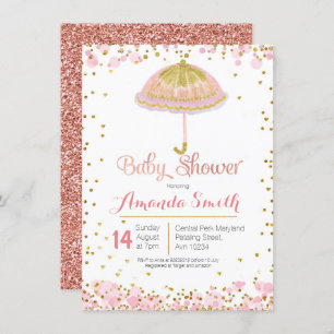 Pink Gold umbrella baby shower invitation