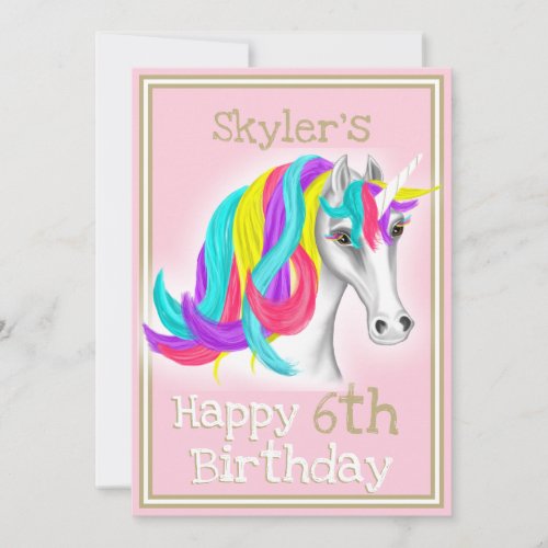 Pink Gold Unicorn 6th Birthday Invitation