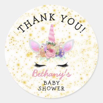 Pink Gold Unicorn Baby Shower Favor Classic Round Sticker by lemontreecards at Zazzle