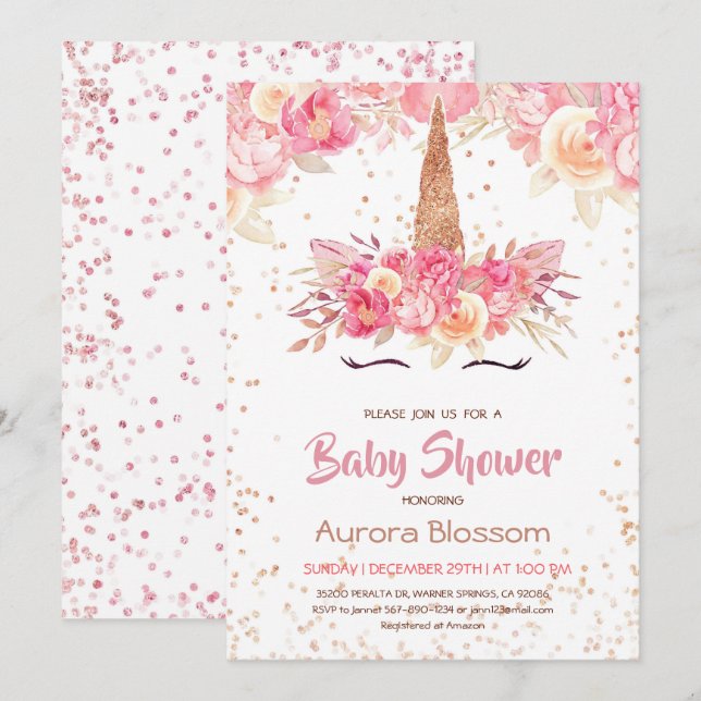 Pink & Gold Unicorn Baby Shower Invitation (Front/Back)
