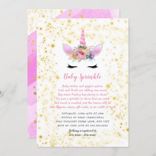 Pink Gold Unicorn Baby Sprinkle Invitation