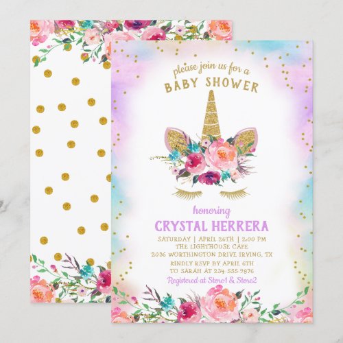 Pink &amp; Gold Unicorn Beautiful Floral Baby Shower Card