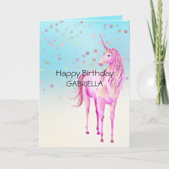 Pink Gold Unicorn Confetti Personalized Name Card (Front)