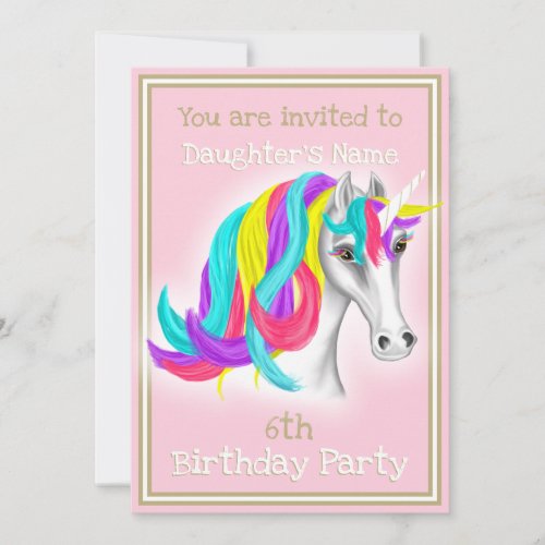 Pink Gold Unicorn Daughter 6th Birthday Invitation