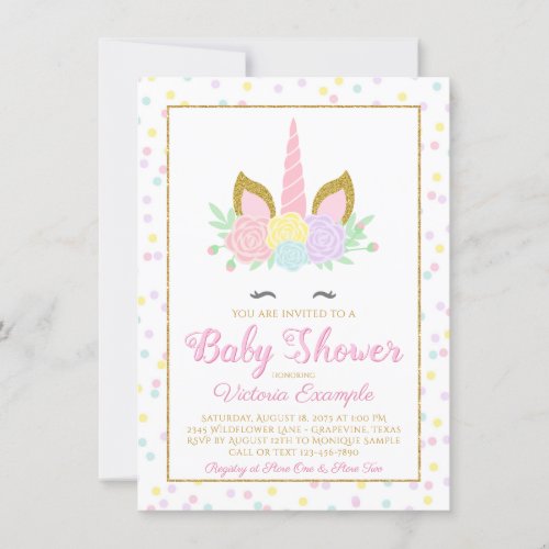 Pink Gold Unicorn Face Girl Baby Shower Invitation