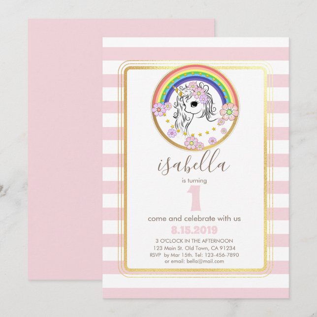 Pink Gold Unicorn First Birthday Invite (Front/Back)