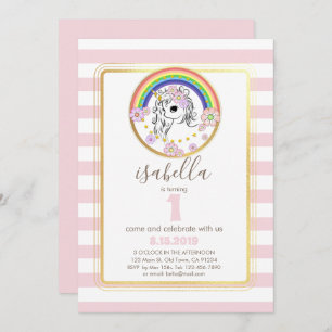 Pink Gold Unicorn First Birthday Invite