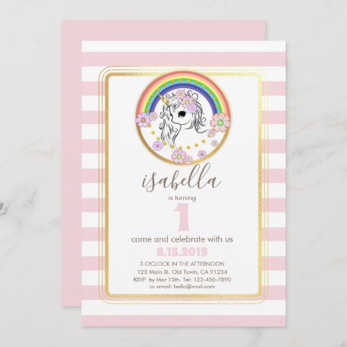 Pink Gold Unicorn First Birthday Invite