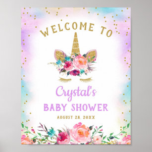 A4 A3 Personalised Unicorn Rainbow Glitter Baby Shower Welcome Sign 