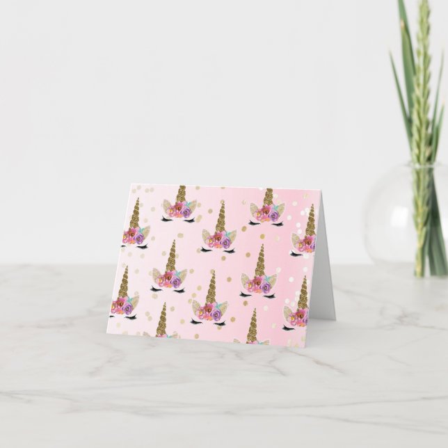 Pink & Gold Unicorn Floral Horn Birthday Party Card (Front)