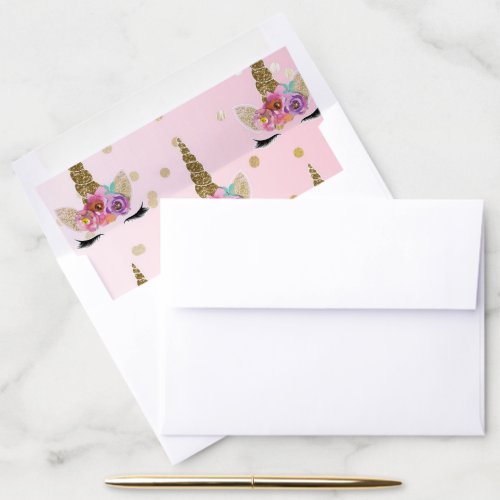 Pink  Gold Unicorn Floral Horn Birthday Party Envelope Liner