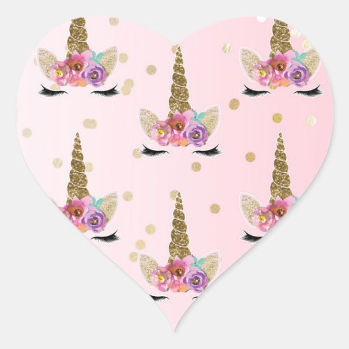 Pink  Gold Unicorn Floral Horn Birthday Party Heart Sticker