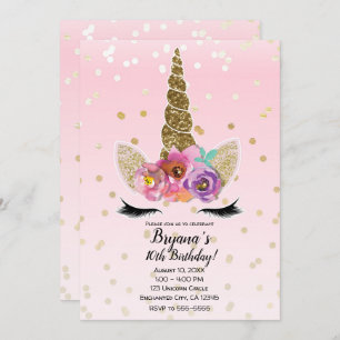 Pink & Gold Unicorn Floral Horn Birthday Party Invitation