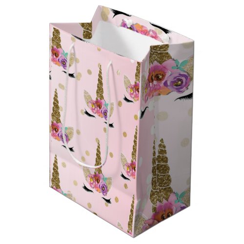 Pink  Gold Unicorn Floral Horn Birthday Party Medium Gift Bag