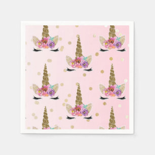 Pink & Gold Unicorn Floral Horn Birthday Party Napkins