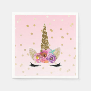 Pink & Gold Unicorn Floral Horn Birthday Party Paper Napkins