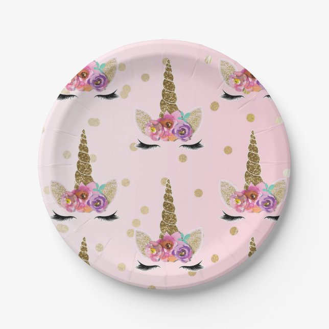 Pink & Gold Unicorn Floral Horn Birthday Party Paper Plates (Front)