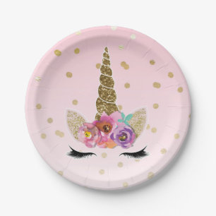 Pink & Gold Unicorn Floral Horn Birthday Party Paper Plates
