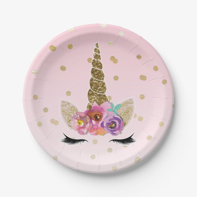 Pink & Gold Unicorn Floral Horn Birthday Party Paper Plates (Front)