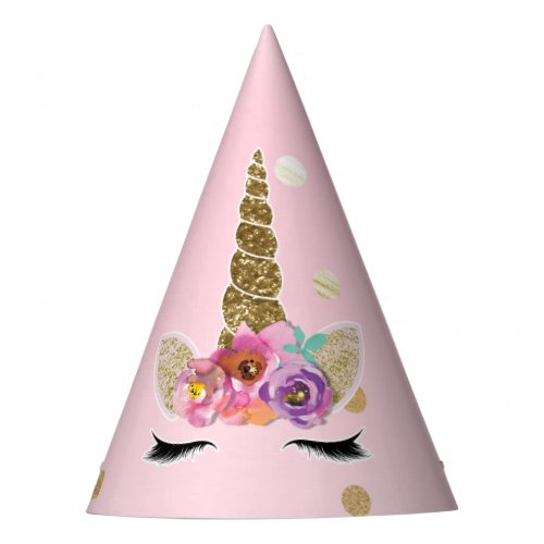 Pink Gold Unicorn Floral Horn Birthday Party Party Hat