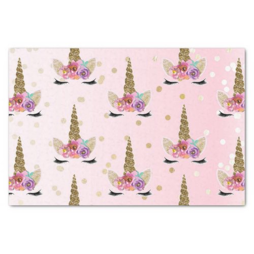 Pink  Gold Unicorn Floral Horn Birthday Party Tissue Paper