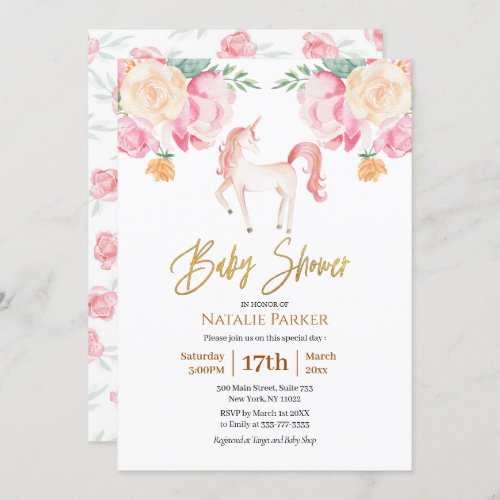 Pink Gold Unicorn Floral Watercolor Baby Shower Invitation