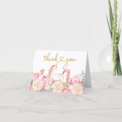 Pink Gold Unicorn Floral Watercolor Baby Shower Thank You Card