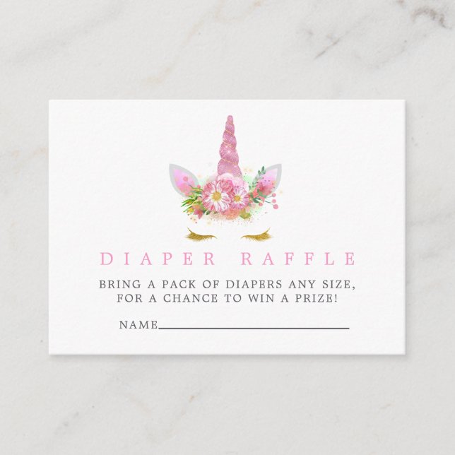 Pink & Gold Unicorn Girl Baby Shower Diaper Raffle Enclosure Card (Front)